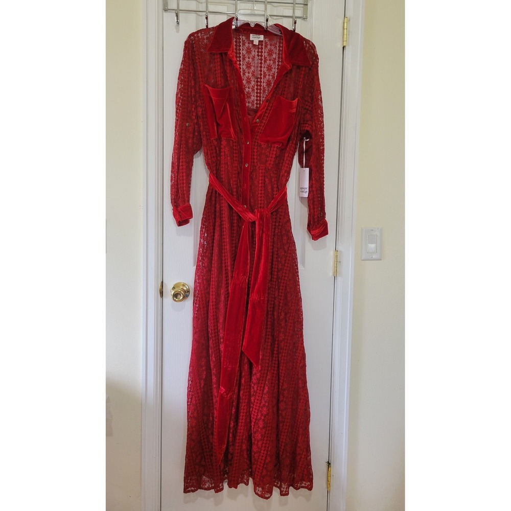 Unique Vintage Blood Red Lace Velvet Trim Maxi Duster Dress XL 14 Goth Vampire